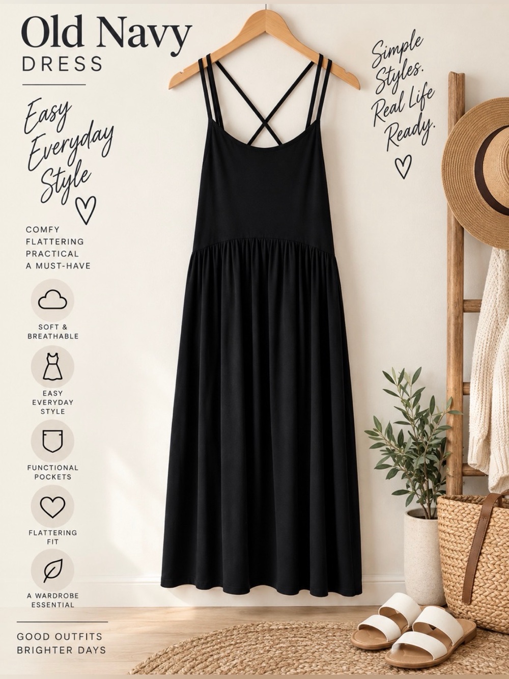 Old Navy Black Double-Strap Midi Dress with Cross Back w/ Pockets NWOT